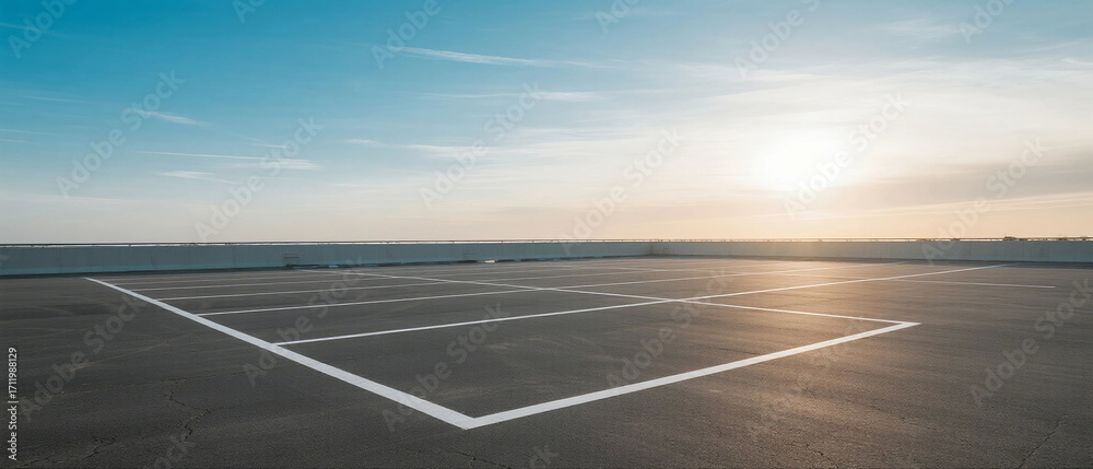Fototapeta premium Sunset over an empty asphalt parking lot with clear sky