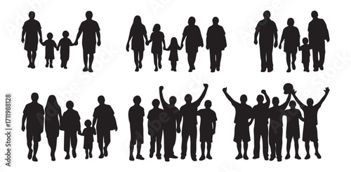 Silhouettes of various family and friend groups, including parents and children, isolated on a white background.


