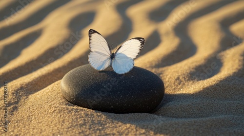Wallpaper Mural Serene Tranquility: White Butterfly on a Smooth Stone in the Sand Torontodigital.ca