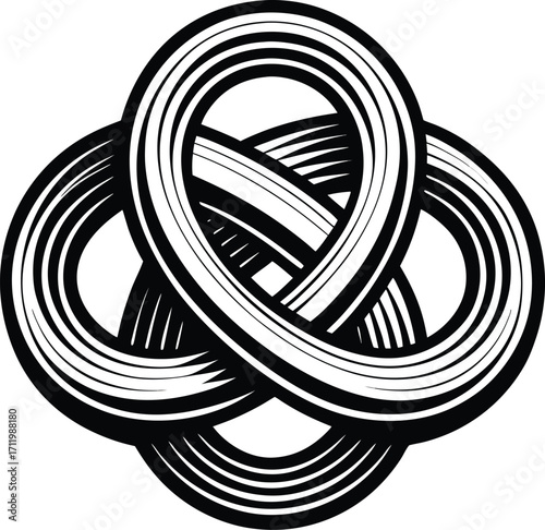 Abstract loop knot, bold black line art, tilted diagonal view, white background.