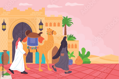 Flat Hand Drawn Vibrant Arab Culture and Desert Life Composition