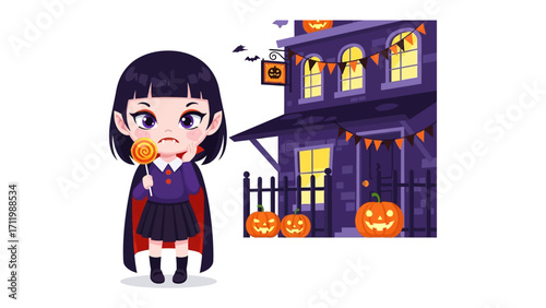 Halloween's Spooky Eve: A charming cartoon vampire girl holds a lollipop, standing beside a haunted house festooned with pumpkins, evoking the magical thrill of Halloween.