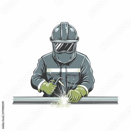 Mascot design of a professional welder in a protective uniform joining metal pipes with bright sparks