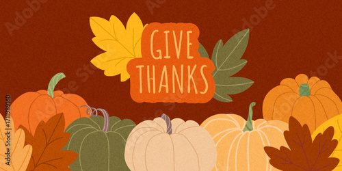 Vintage Thanksgiving banner featuring warm pumpkin and autumn leaves on deep burgundy background. Grainy textured illustration with rustic charm, perfect for holiday invitations, posters,festive decor