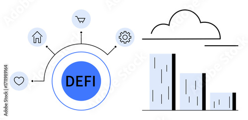DEFI text in a central circle linked to icons representing home, shopping, gear, and heart. Bars indicating data growth under a cloud. Ideal for finance, tech, blockchain, investment analysis