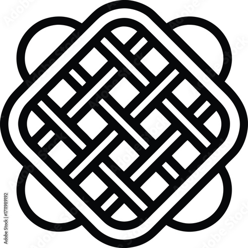 Endless knot illustration, simple black stroke, perspective diagonal angle, white background.