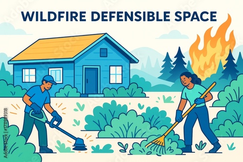 People creating wildfire defensible space by clearing brush near house in forest environment with fire in background, illustrated style. Ai generative
