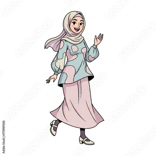 Illustration of a muslim woman wearing a hijab and traditional clothing