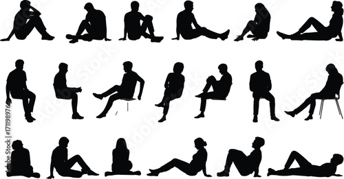 Silhouettes of people sitting, relaxing, thinking, male and female figures, casual body poses, chairs and ground, black vector style