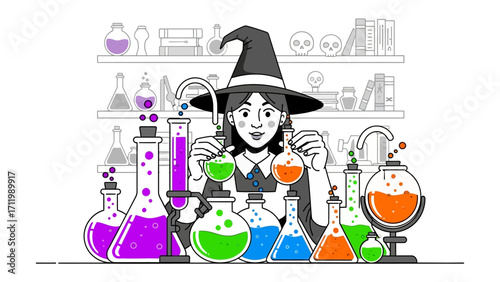 Mystical Potion in the Making: An intriguing illustration portrays a woman scientist, immersed in the creation of a magical potion within her enchanting laboratory setting.