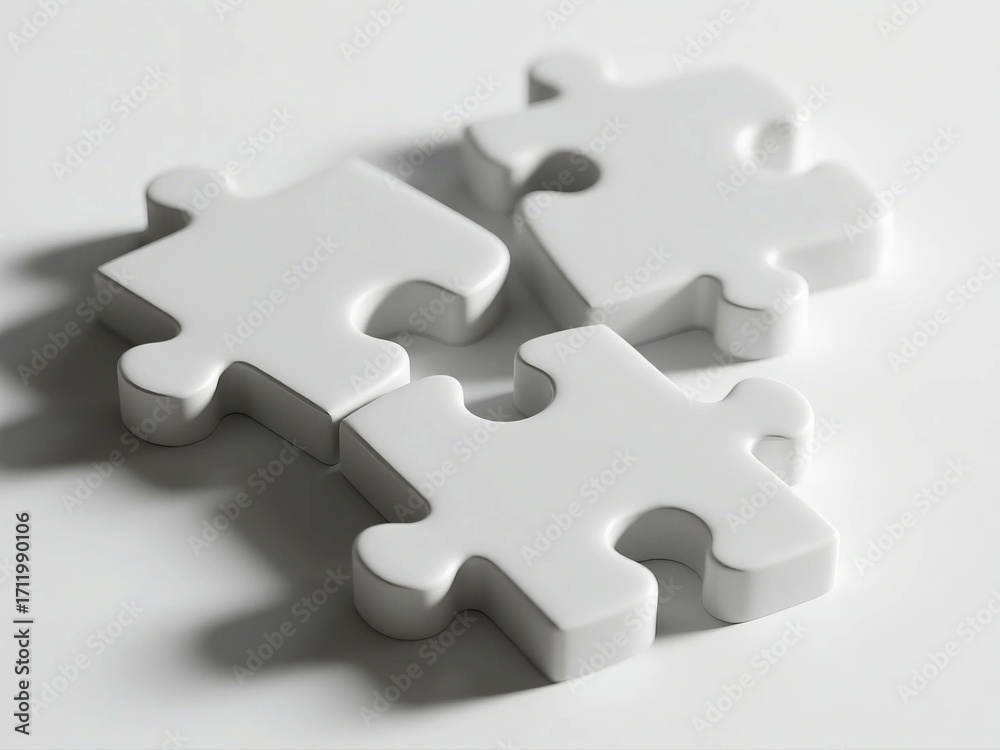 Fototapeta premium White Jigsaw Puzzle Pieces Arranged in Group on White Background