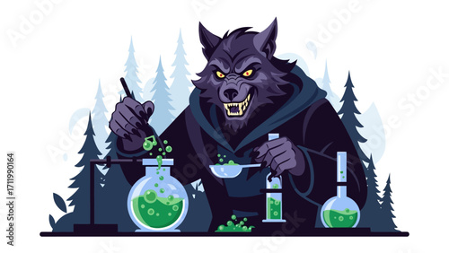 Cursed Alchemist: An illustration of a werewolf, eyes glowing with an unsettling intensity, hunched over a chemistry set in a dark, fantastical scene. 
