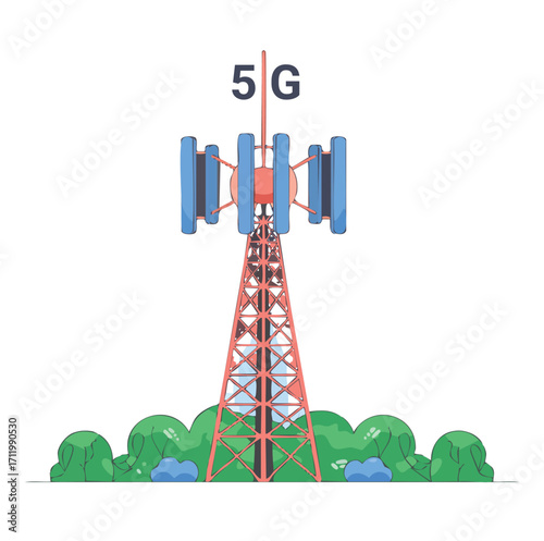 5G communication tower for wireless hi-speed internet. Mobile network technology in city life concept. LTE aerial connection with satellite net. Mast of station of the broadcasting cellular	
