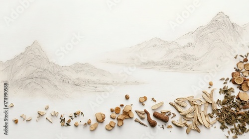 Chinese Herbal Medicine Illustration with Traditional Landscape Painting and Fabric Background