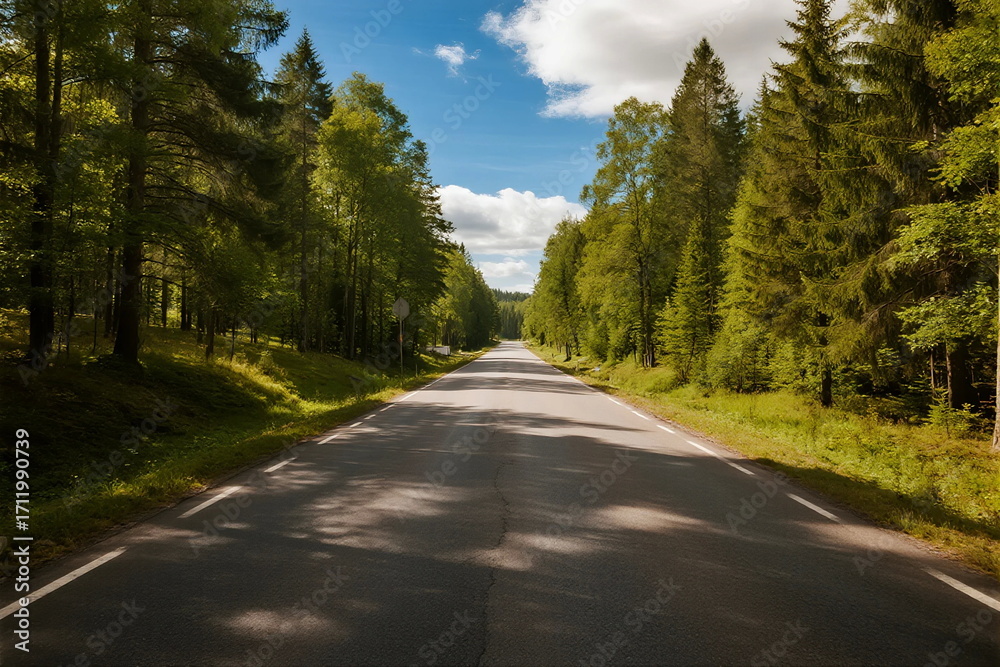 Fototapeta premium A peaceful road surrounded by lush green trees under a clear blue sky
