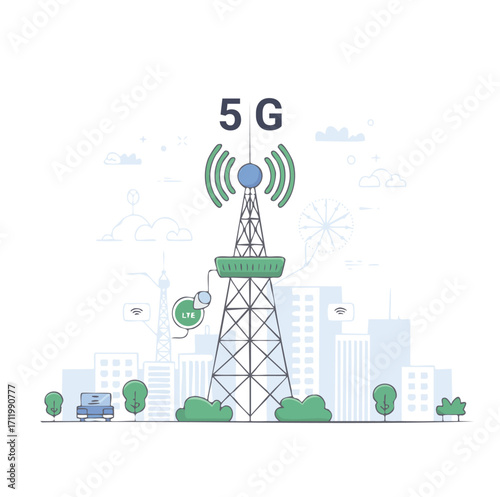 5G communication tower for wireless hi-speed internet. Mobile network technology in city life concept. LTE aerial connection with satellite net. Mast of station of the broadcasting cellular	
