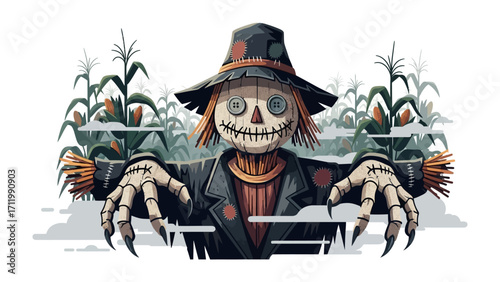 Spooky scarecrow in a cornfield: An eerie scarecrow stands guard in a vast cornfield, surrounded by towering stalks and an ominous atmosphere. a striking digital art piece.