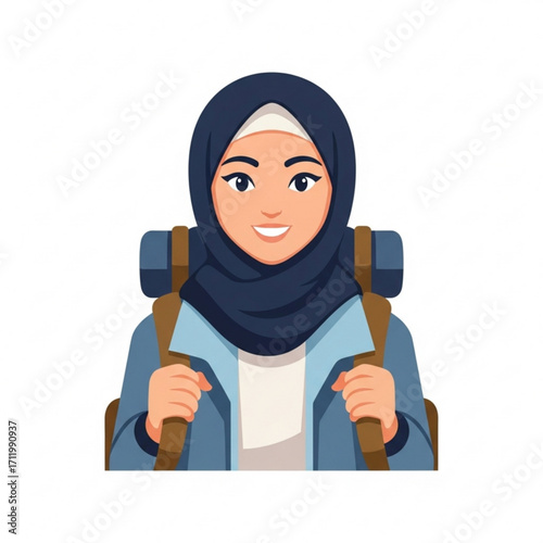 Illustration of young muslim woman wearing hijab and backpack