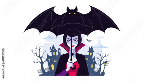 A Spooky Scene of Halloween: A lady in a black cloak and bat umbrella in front of the dark house on halloween. A dark and creepy scene to depict Halloween spirit.