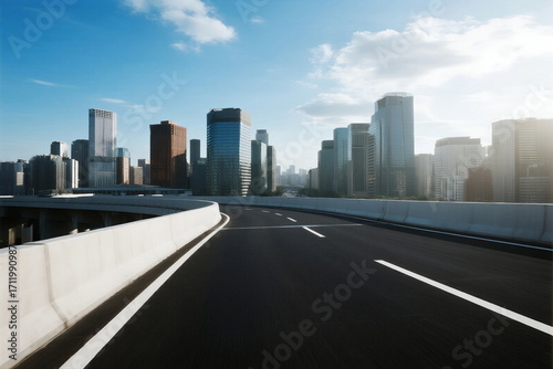Urban highway with modern city skyline in the background