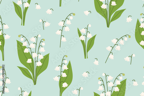 lily of the valley flowers seamless pattern; perfect for first communion invitations, spring designs, greeting cards, patterns, and botanical decor- vector illustration