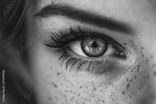close up, high contrast black and white photo of female eye, showcasing intricate details, eyelashes, and freckles, evokes sense of depth and emotion