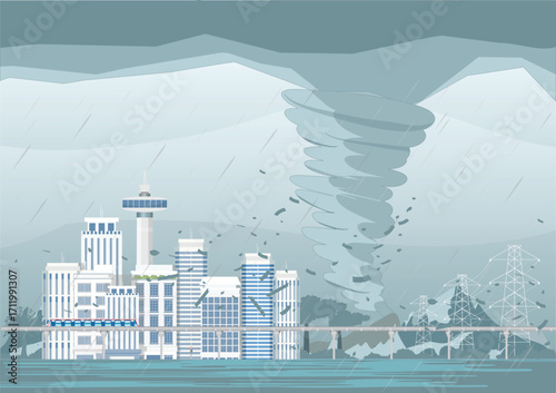 The heavy storm hit and damaged city .Storm Waterspout Twister.