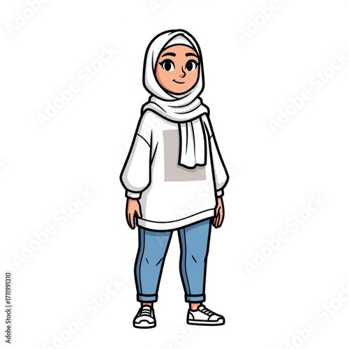 Illustration of cartoon illustration of a young muslim girl wearing a hijab and casual clothes