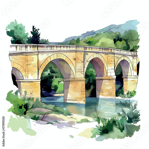 Pont du Gard. Pont du Gard watercolor vector illustration