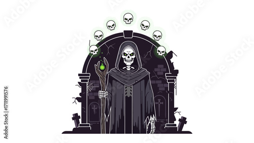 Grim Specter: A spectral Grim Reaper in a dark and foreboding graveyard, embodies mortality, and the mysterious realm of death with an ominous aura. 