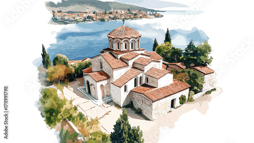 Saint John at Kaneo. Saint John at Kaneo watercolor vector illustration