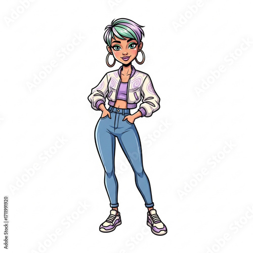 Illustration of stylish young woman with colorful hair and modern outfit
