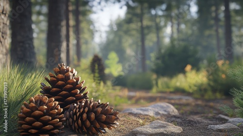 Wallpaper Mural Serene Forest Path:Three Majestic Pine Cones Resting on a Sunlit Trail Torontodigital.ca
