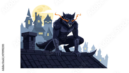 Moonlit Menace: A striking illustration of a menacing werewolf, poised on a rooftop beneath a full moon. The scene is a perfect blend of dark fantasy and classic horror.