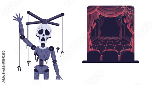 Puppet and Theater: A whimsical illustration presents a forlorn puppet alongside a spooky theater. The puppet, with its skeletal face, evokes a sense of melancholy. The theater.