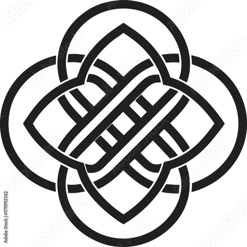 Traditional eternal knot, clean line vector, centered symmetrical top view, white background.