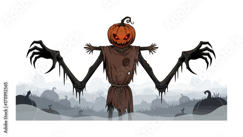 Spooky Pumpkin Head Scarecrow: A chilling illustration of a scarecrow with a carved pumpkin head and long, menacing arms stands amidst a foggy Halloween landscape.