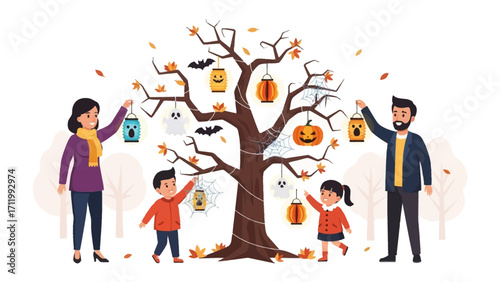 Halloween Tree Decoration Family: A close-knit family is deeply engaged in decorating a barren tree with spooky halloween ornaments.