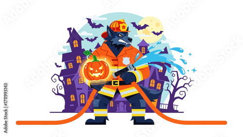 Halloween Firefighter: A vibrant illustration captures the spirit of Halloween with a firefighter, embodying a wolf persona, courageously battling flames.