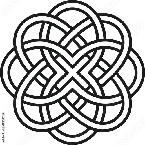 Symmetrical Celtic knot line art, thin outline, side tilt perspective, white background.