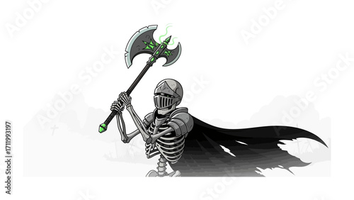 Skeleton Knight with Axe: A fearsome Skeleton Knight, clad in metallic armor and a flowing cloak, brandishes a glowing axe against a stark, minimalist background.