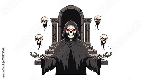 Guardian of the Eternal Gateway: A skeletal figure cloaked in black presides over an ominous stone archway, surrounded by spectral skulls, heralding a journey into the unknown. 
