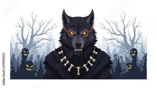 Mystical wolf illustration: A fearsome wolf with piercing eyes stands amidst a spooky forest, a mysterious essence of Halloween.&#x20;

