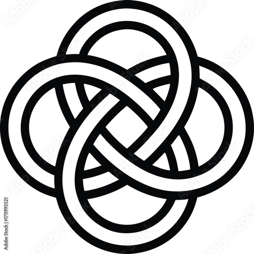 Spiritual eternal loop knot, black outline, centered top view, white background.