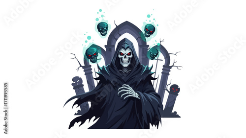 Spooky Figure Illustration: An illustration of a chilling skeletal figure cloaked in darkness, surrounded by spectral skulls. This piece evokes a sense of the macabre.