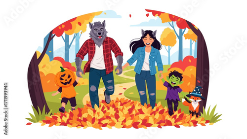 Enchanting Halloween Family Stroll: An animated family, costumed in whimsical Halloween attire, gleefully ambles through an autumnal wonderland of fallen leaves, embodying the spirit of the season.