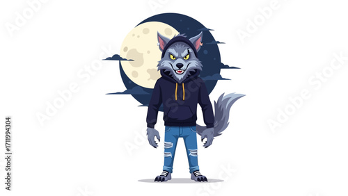 The Midnight Wanderer: A cartoonish werewolf in streetwear stands poised against the canvas of a twilight moon. The character's menacing gaze and casual attire hint at a secret nightlife.