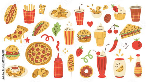 Fast Food Hand drawn Icons Vector Set. Playful Takeaway restaurant elements illustrations. Pizza Burger Taco Drink Dessert Colorful Symbols for childish cafe menu design.
