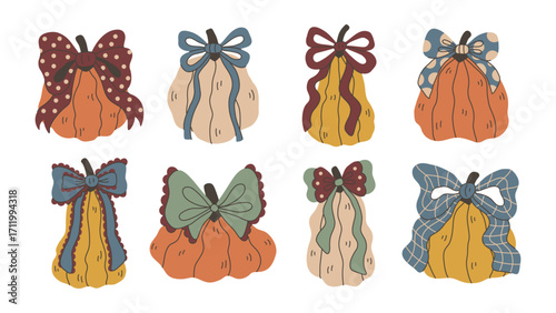 Pumpkins And Gourds with Bows Set. Playful hand drawn curvy Squash shapes tied with curly Ribbons. Flat vector illustration for Fall Autumn Thanksgiving Harvest Festival design