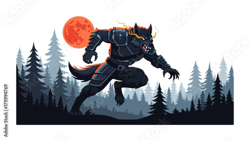 Werewolf's Night Run: A dynamic digital illustration showcasing a ferocious werewolf mid-stride, set against a mystical backdrop of a blood-red moon and towering pine trees.